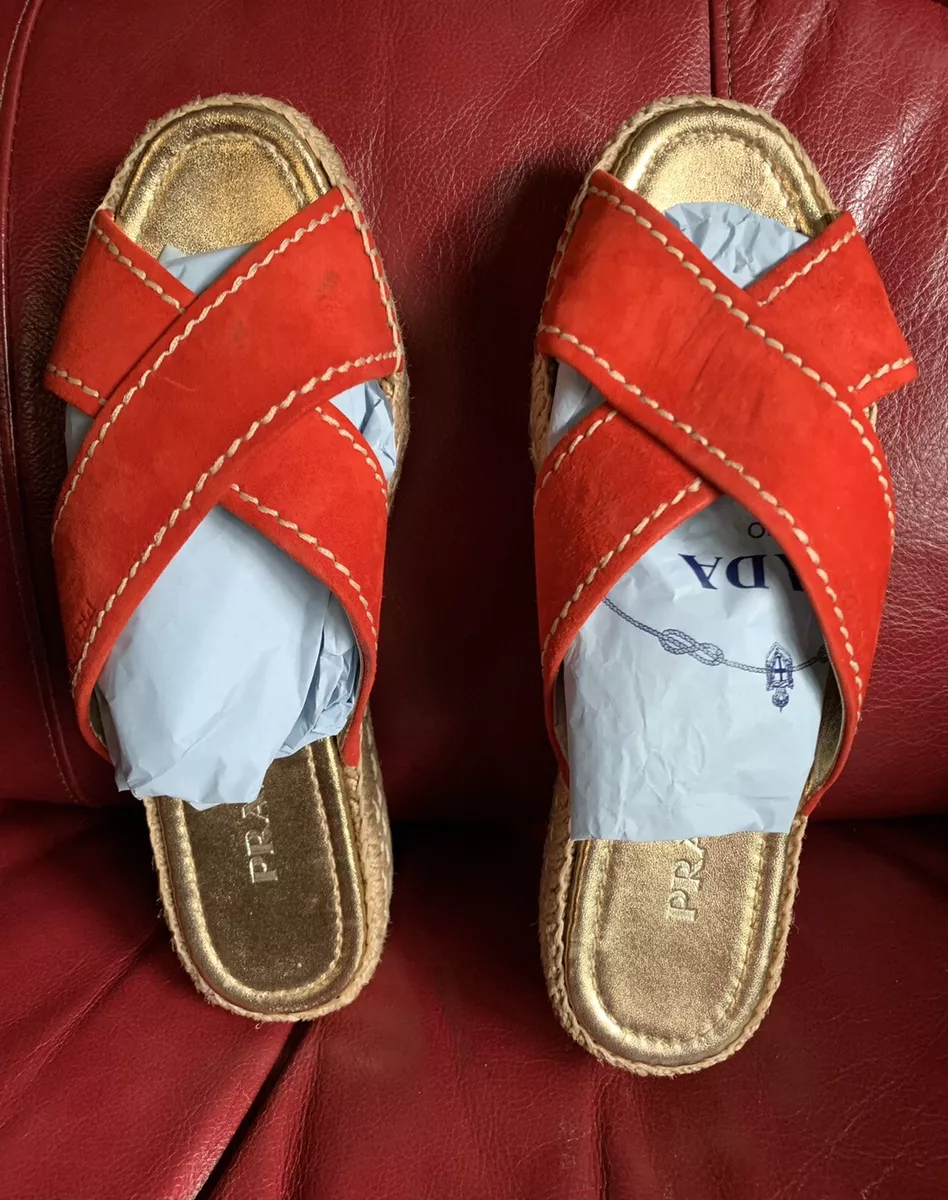 Authentic PRADA Red Espadrille Slide Wedges Sandal Size 8.5 eBay