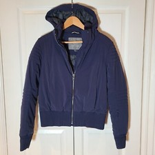Aether Puffer Quilted Hooded Jacket Women's Size Small Quilted Ribbed Navy Blue
