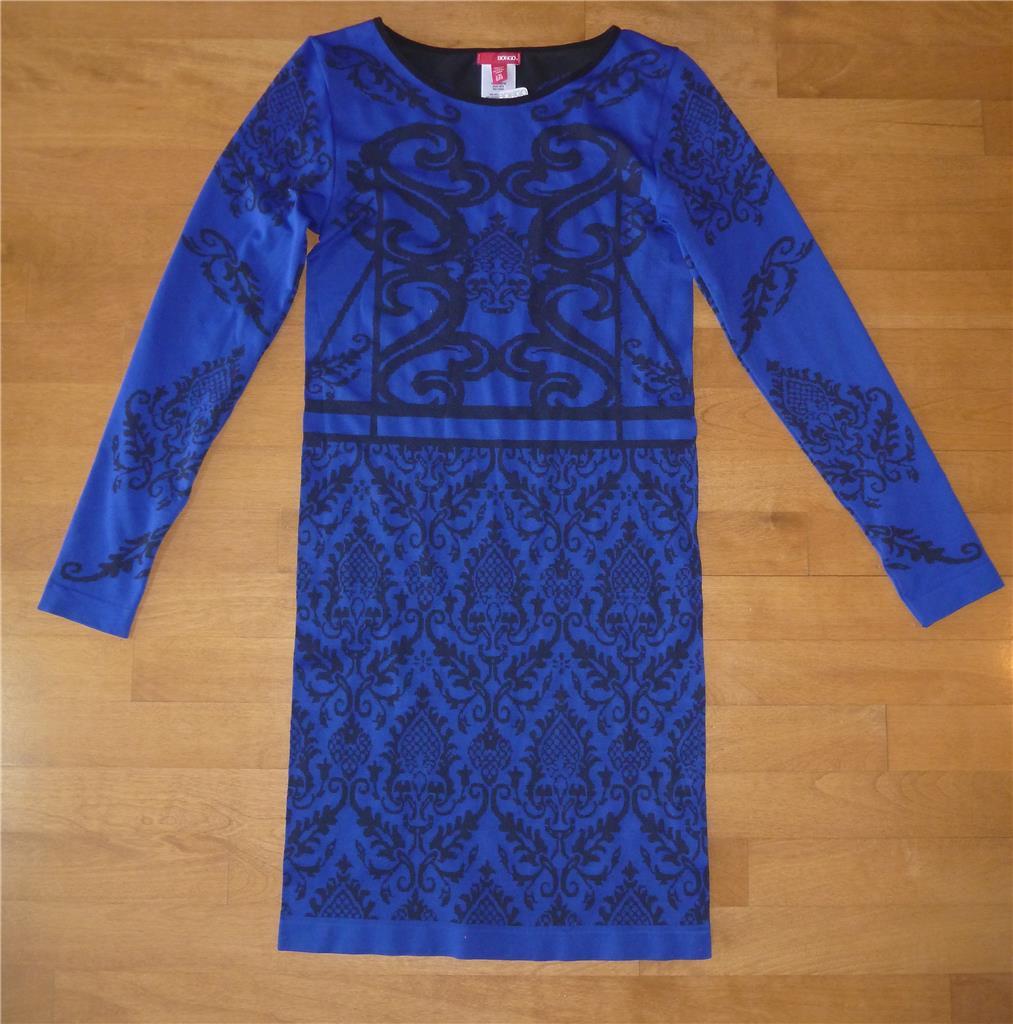 Womens BONGO Long Sleeve Blue/Black Stretch Midi Dress S/M Scroll Filigree Print Womens BONGO Long Sleeve Blue/Black Stretch Midi Dress S/M Scroll Filigree Print