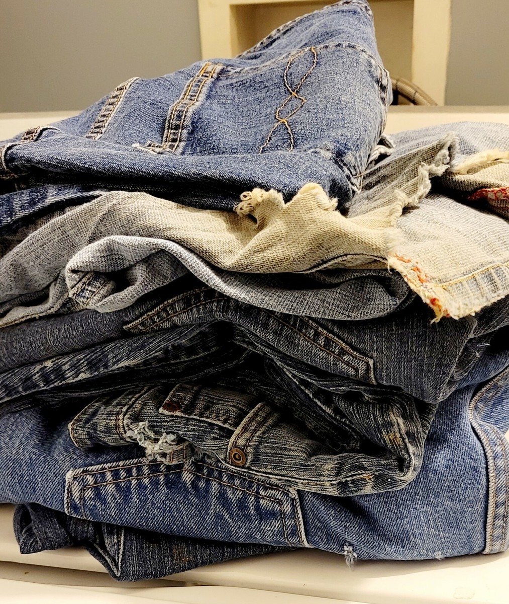 Over 8lbs Denim Jeans Ripped Damaged Worn Scrap For Crafting Parts