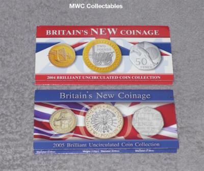 2004 & 2005 ROYAL MINT DREI MÜNZPACKUNGEN x 2 MIT 50p, £1 & £2 MÜNZEN