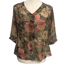 Fig and Flower Womens 3/4 Sleeve Sheer Top Size PS Floral w/Animal Print Back