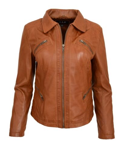 Ladies Leather Classic Biker Jacket Slim Fit Casual Zip Box Style Nova Tan - Picture 1 of 8