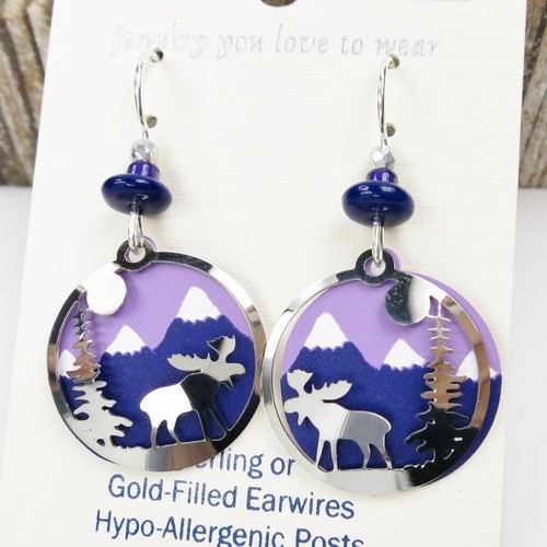 Sienna Sky Earrings Purple Mountain Disc Shiny Silver Tone Moose Overlay 2011 - Picture 3 of 4