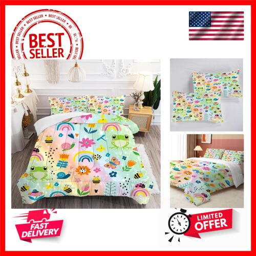Rainbow Comforter Sets Twin Size Cartoon Floral Frogs Bedding Set for Girls K...