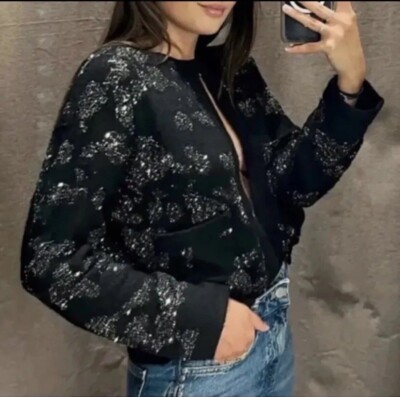 ZARA STRICK CARDIGAN MIT METALLFADEN UND PAILLETTEN DETAILS SCHWARZ Gr. S 2142/182