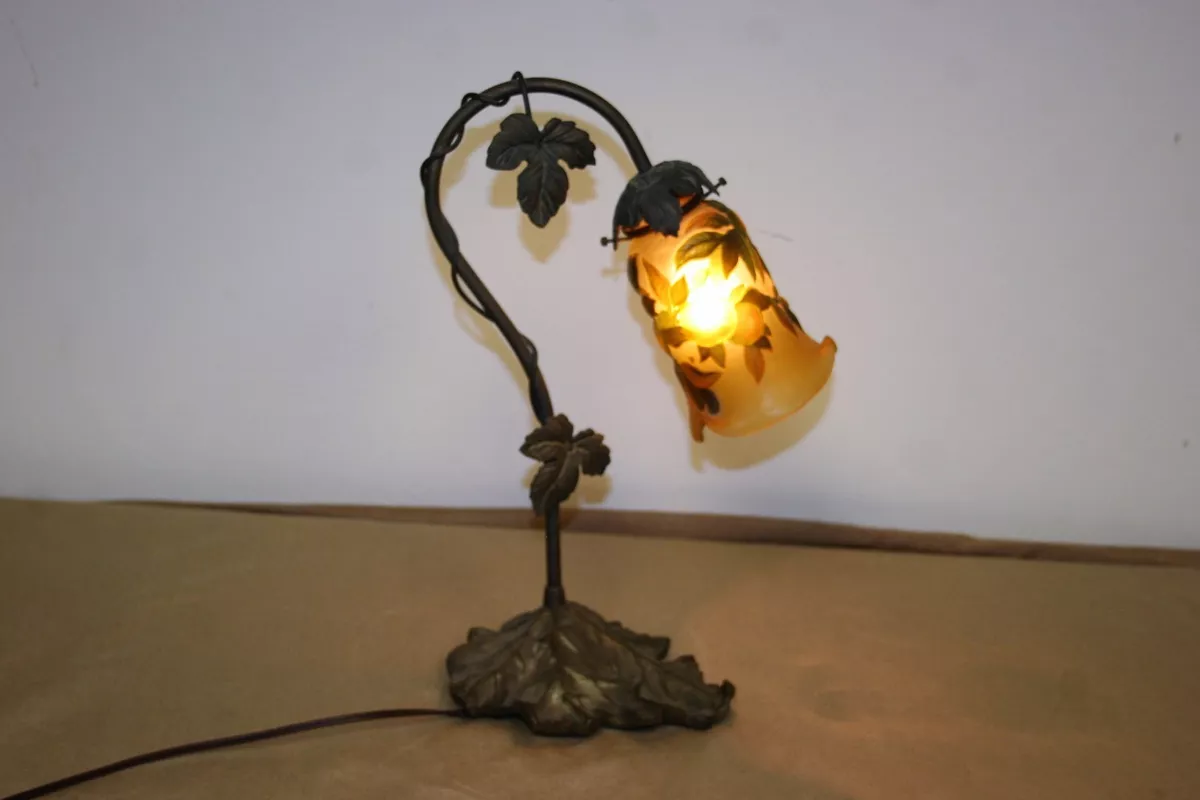 Handmade Galle Style Table Lamp Bronze and Acid Etched Blown Glass Shade 2