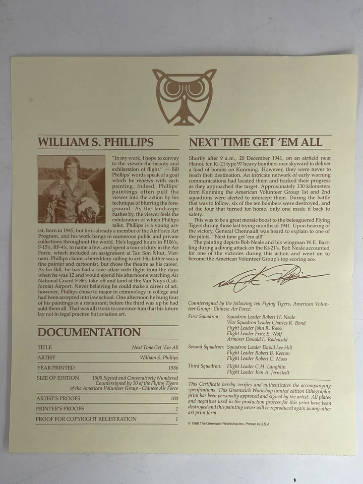 William Phillips Next Time Get 'Em All Flying Tigers Pilot FIRMADO impresión con certificado de autenticidad Foto 2 de 4