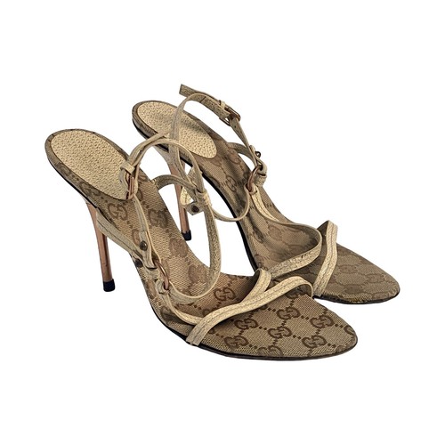 Gucci Sandals Heels GG 37 4 Logo Monogram Strappy Open Toe Beige Vintage - Picture 4 of 6