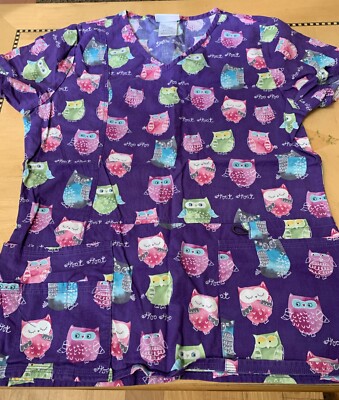 Scrub Star Scrub Top Womens XS Owl Theme Short Sleeve V Neck Nurse Medical