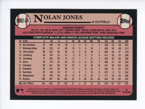 2024 Topps Series 2 #89B2-24 NOLAN JONES Rockies 1989 Topps SILVER FOILBOARD - Bild 2 von 2