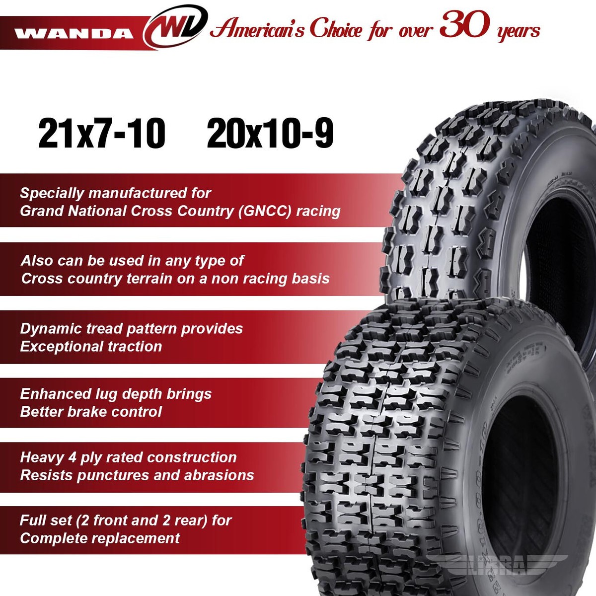 Full Set 4 ATV Tires 21x7-10 & 20x10-9 Yamaha Raptor 350 660 700
