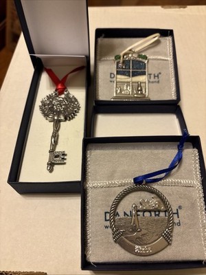 Lot Of New Danforth Pewter Ornaments, Silent Night, Lighthouse, Santa Key