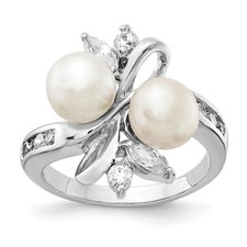 Sterling Silver Cultured Pearl  Brilliant-cut Cubic Zirconia Leaves Ring Size 7