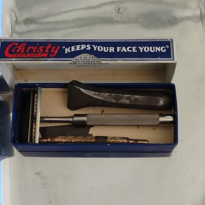 Christy Metal Safety Razor w/ Massage Bar, Case/Box, Made in USA (Pilot)