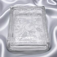Vintage Glass Trinket Box with Lid Etched Floral Vanity Dresser Jewelry Holder