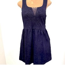 GUESS Sleeveless Embossed Fit & Flare Textured Dress Navy Sz M