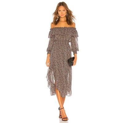 MISA Los Angeles Begonia Dress Black White Leaf Off Shoulder Smocked Midi Small