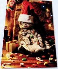 Christmas Card Avanti Cat with Candy and Stocking on Head Fireplace