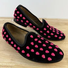 Del Toro Skull Velvet Mens 10 Black Pink Studded Slipper Loafers $450