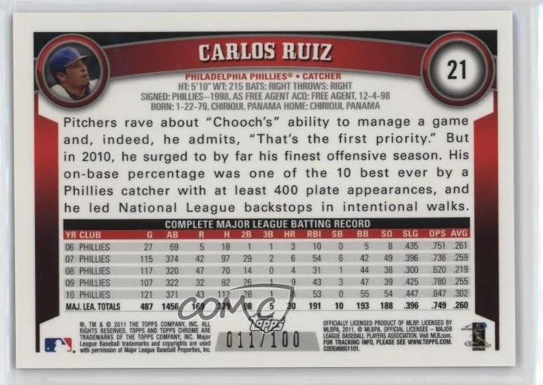 2011 Topps Chrome Black Refractor /100 Carlos Ruiz #21 - Image 2 of 2