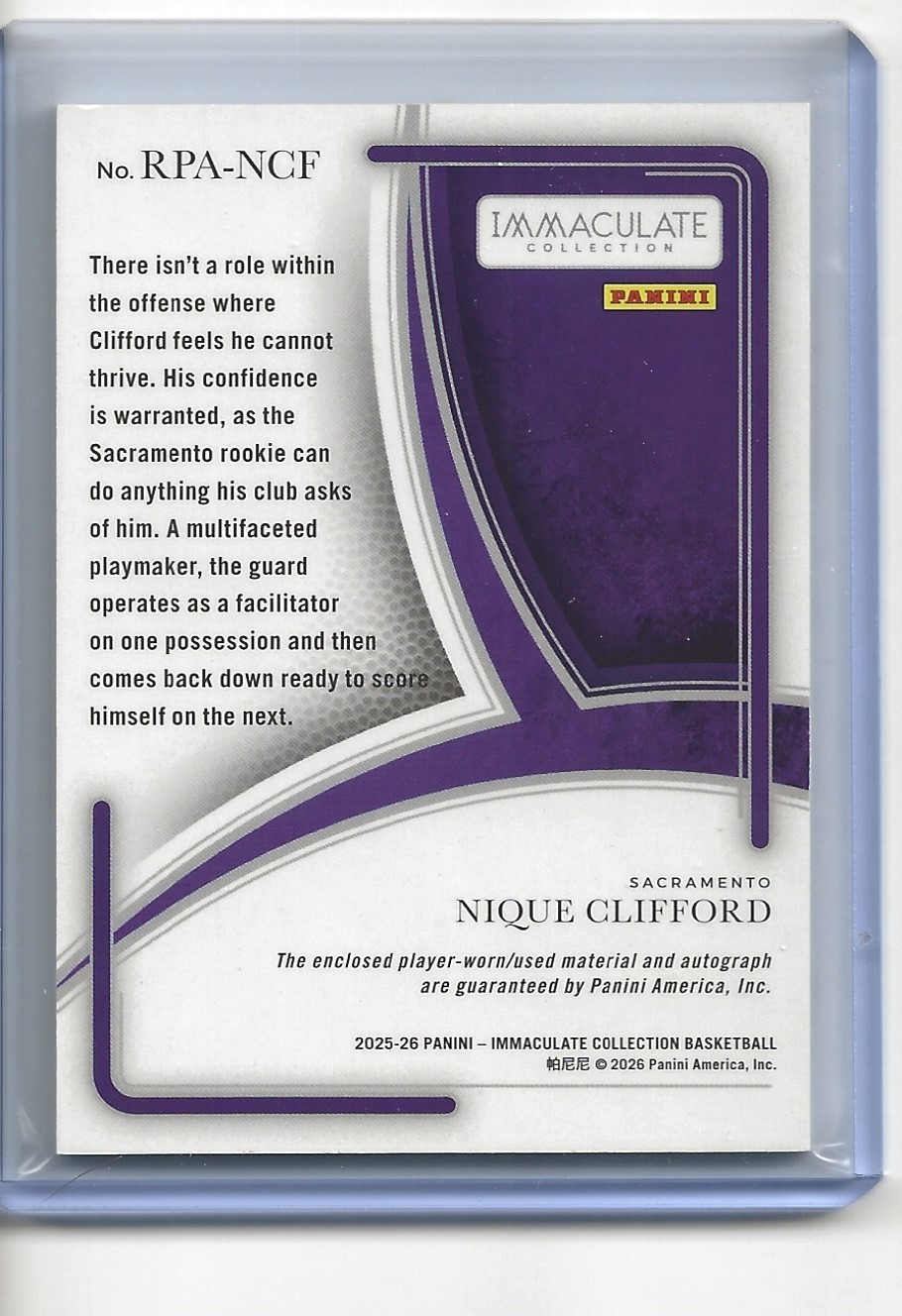 2025-26 Panini Immaculate Nique Clifford RC TAG PATCH AUTO /5 #1/5 Kings RPA-NCF view 2