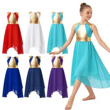 US Kids Girls Metallic Gold Color Block Worship Liturgical Praise Dance Dress