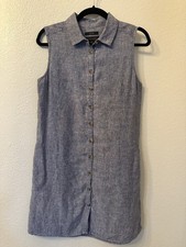 Tahari 100% Linen Sleeveless Shirt Dress Size M with Pockets! Navy Blue EUC