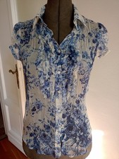Zara Damen Bluse 100% Seide Blau Weiß Rosen