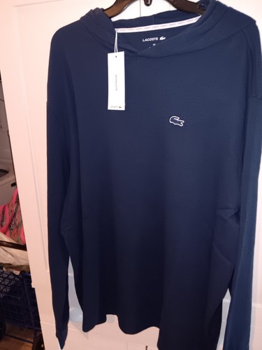 LACOSTE MEN'S NAVY BLUE RIBBED COTTON FABRIC L/S SLEEPWEAR HOODIE XXL $85 NWT