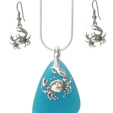Crab Necklace and Earrings Set Sea Glass Silver Plate Beach Ocean Shore
