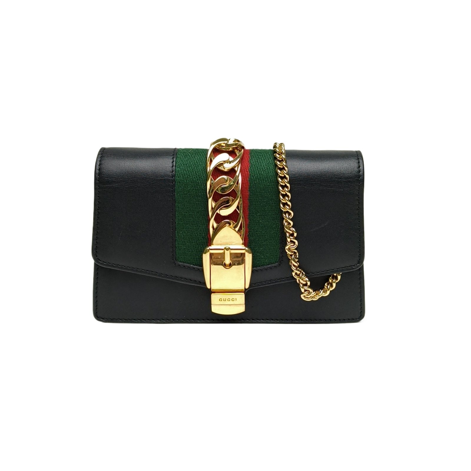 GUCCI Sylvie Ribbon Bag Ultra Mini 16.5cm Black Calfskin Crossbody Bag
