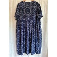 Navy Blue Bandana Paisley Print Midi Dress with Empire Waist and Pockets