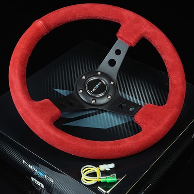 NRG 350MM 3''DEEP DISH 6-HOLES BOLTS STEERING WHEEL RED SUEDE GRIP BLACK 3 SPOKES