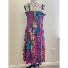 Metropolitan Women 2X Smocked Midi Dress Multicolor Cotton Abstract Floral Boho