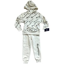 Champion 2 Piece Hoodie Jogger Logo Print Natural White Sweat Set NWT Kids 5