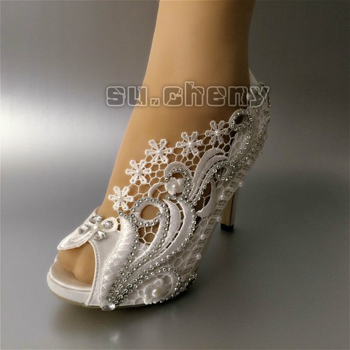 Su.cheny 3"" 4"" Tacón Satén Blanco Marfil Encaje Perlas Puntera Abierta Boda Zapatos de Novia - Imagen 23 de 25