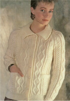 Ladies cable Cardigan/Jacket Collar Pockets Knitting Pattern Aran 30-42