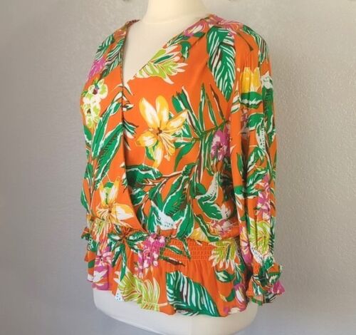 Unique Spectrum 2X Blouse Orange Tropical Print Peplum 3/4 Sleeve V-neck - Picture 2 of 5