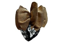 Vintage 80s 90s Big Gold Lame Black Lace Hair Bow Barrette Clip Ribbon