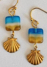 Beautiful Gold Shell  Beach Tone Glass Bead Earrings. Boho Chic. Ocean.