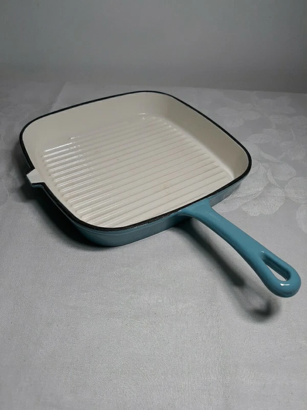 Sky Blue and white enamel cast iron square spout grill pan skillet