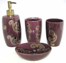 4 PC SET PURPLE FLOWER+GOLD TUMBLER+DISPENSER+SOAP DISH+TOOTHBRUSH HOLDER