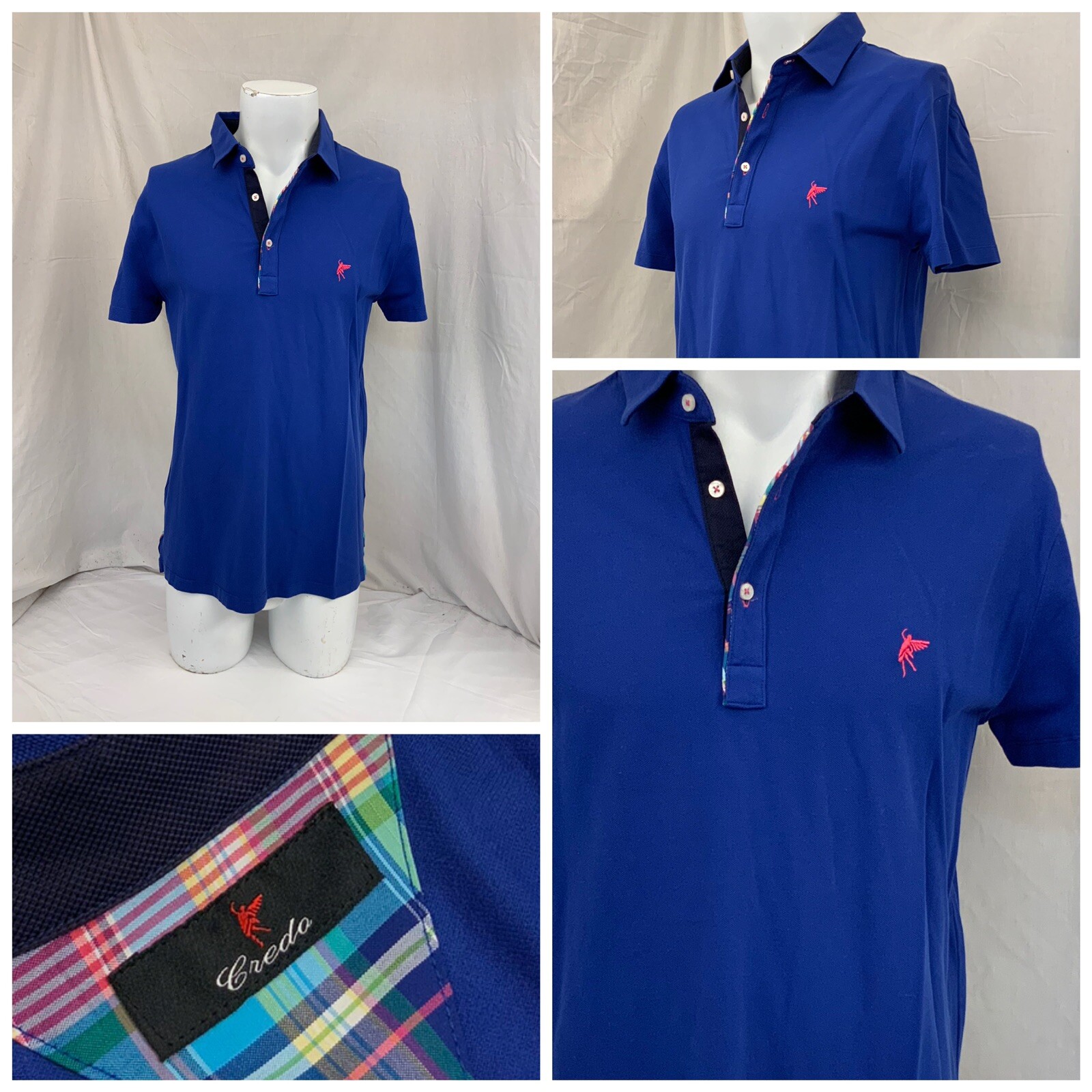 Credo Polo Shirt Light Blue Cotton Stretch Pink Plaid Placket Spain Mint YGI Q1-2-image