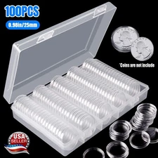 100X 25mm Coin Holder Capsules Case Clear For US Quarter Dollar with Storage Box