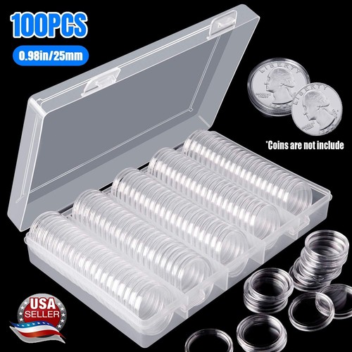 100X 25mm Coin Holder Capsules Case Clear For US Quarter Dollar with Storage Box - 第 1/12 張圖片