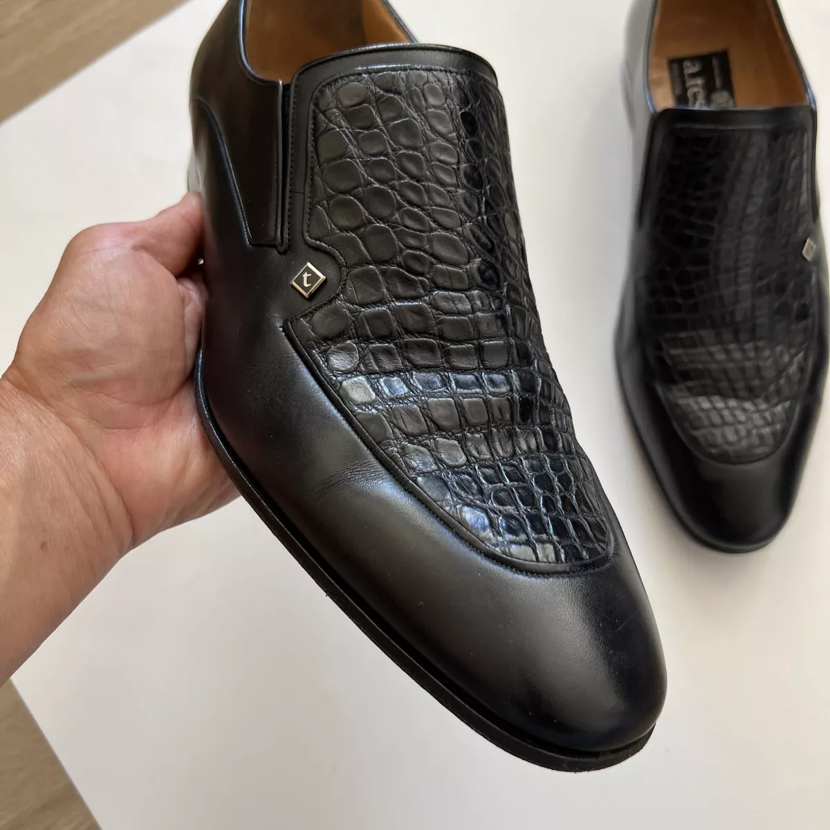 a.testoni Black Label Leather Crocodile Shoes 8 1 2 M