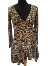 Wrap Dress size 6 animal print long sleeve brown polyester blend womens