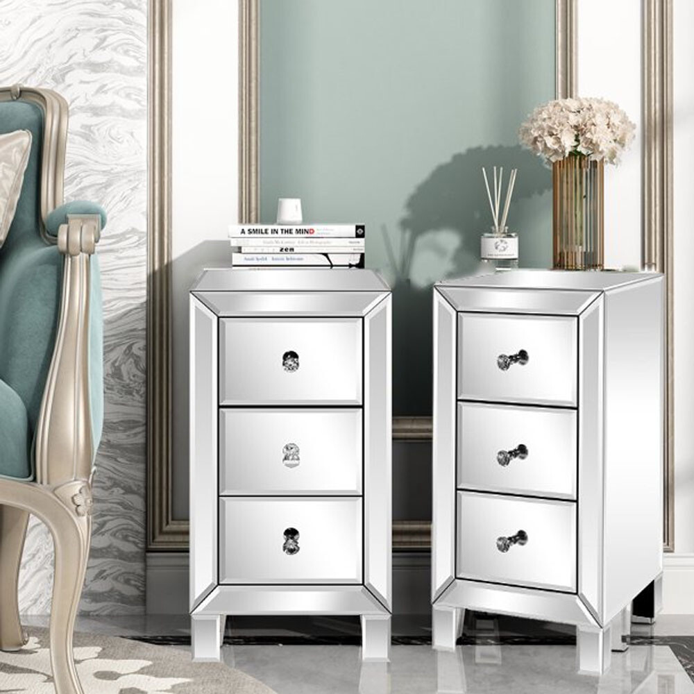Set of 2 Nightstand Mirrored Bedside Table 3 Drawers Crystal