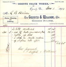 Griffith & Williams Ogontz Philadelphia PA 1894 Billhead Carriage Builders